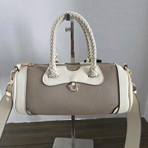 True Religion Mini Barrel Duffel Crossbody Canvas Taupe Brown Braided Handle NWT